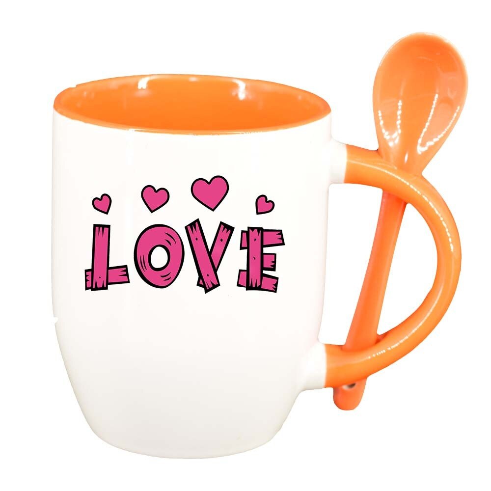 Cana Love cu lingurita, interior portocaliu, 330ml, D339