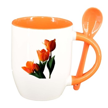 Cana Tulip cu lingurita, interior portocaliu, 330ml, D361 Cana Tulip cu lingurita, interior portocaliu, 330ml, D361