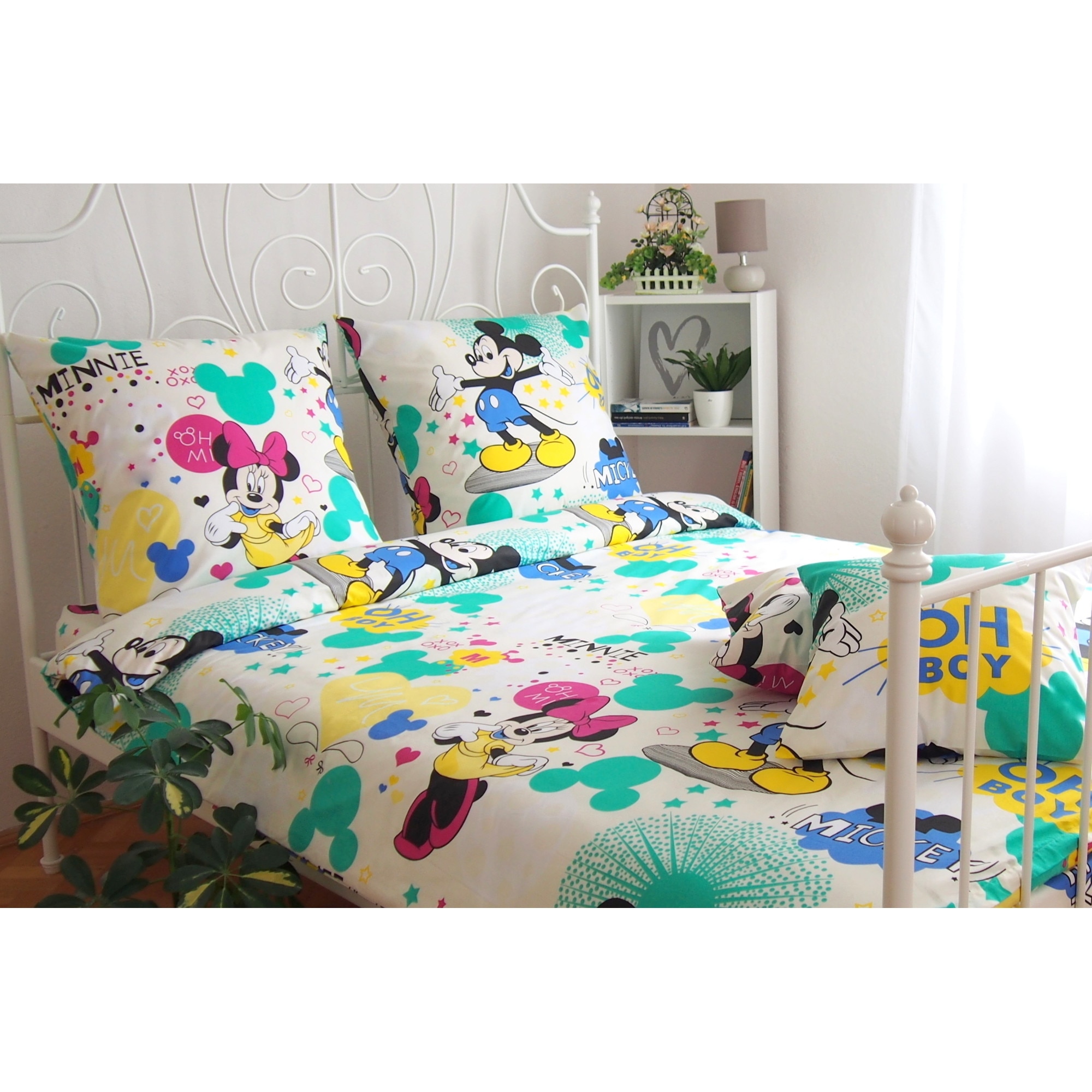 Lenjerie de pat, 3 piese, Partener Tex, 1 persoana, din bumbac 100% Ranforce , Mickey si Minnie cu stelute