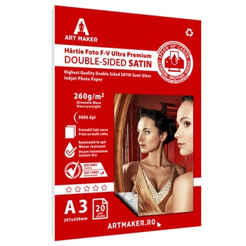 Hartie foto Art Maker, fata-verso Satin, Ultra Premium, 260g/mp, A3, 20 coli Hartie foto Art Maker, fata-verso Satin, Ultra Premium, 260g/mp, A3, 20 coli