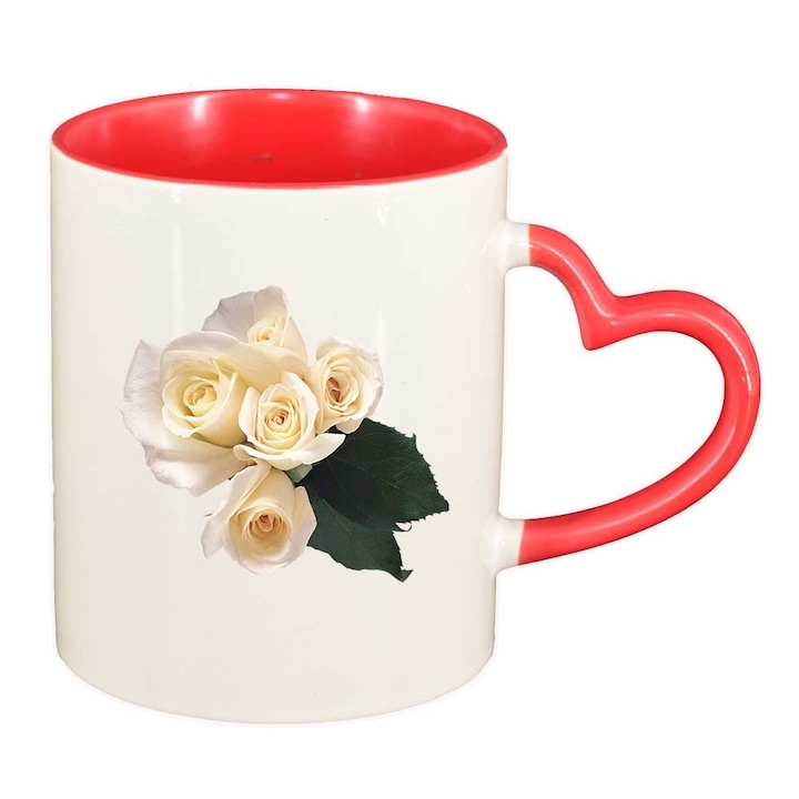 Чаша роза, червена вътрешност, дръжка сърце, 330 мл, D360