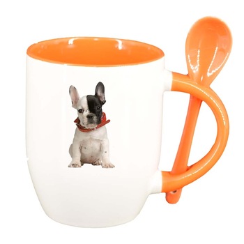 Cana Dog cu lingurita, interior portocaliu, 330ml, D357 Cana Dog cu lingurita, interior portocaliu, 330ml, D357