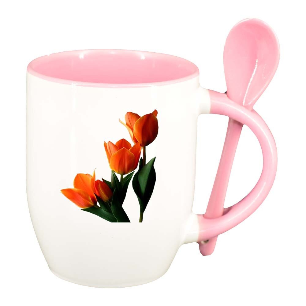 Cana Tulip cu lingurita, interior roz, 330ml, D361