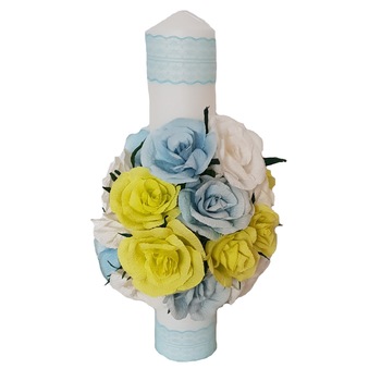 Lumanare botez/nunta Handmade Minis Boutique, cu trandafiri albi, bleu si vernil Lumanare botez/nunta Handmade Minis Boutique, cu trandafiri albi, bleu si vernil
