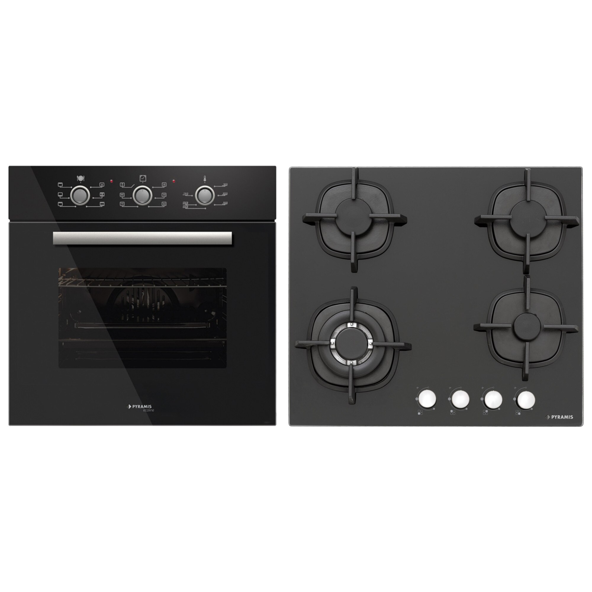 Set Pyramis Black Glass 10075407B01, cuptor electric clasa A, 60 litri, 6 functii si plita gaz, 4 arzatoare, wok, gratare fonta individuale, finisaj sticla neagra
