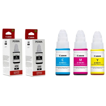 Pachet flacon refill cerneala GI-490 negru x 2,cyan,magenta,galben,Canon original 33000 pagini Pachet flacon refill cerneala GI-490 negru x 2,cyan,magenta,galben,Canon original 33000 pagini