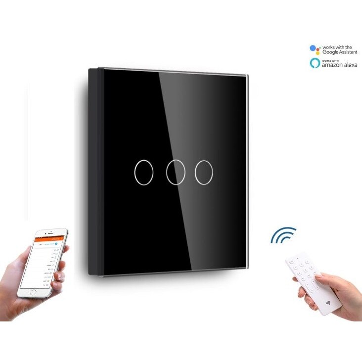 Intrerupator inteligent triplu tactil WIFI+RF Negru compatibil Google Home si Alexa