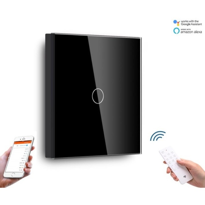 Intrerupator inteligent simplu tactil WIFI+RF negru compatibil Google Home si Alexa
