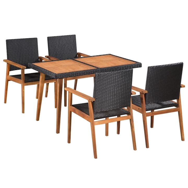 Set mobilier de exterior cu masa si 4 scaune, vidaXL, Poliratan si lemn, Negru, 120 x 70 x 74 cm