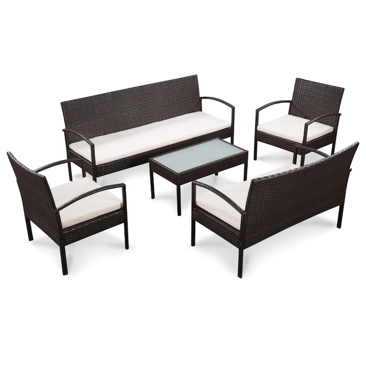 Set mobilier de gradina cu masa, 2 canapele si 2 scaune, vidaXL, Poliratan, Maro, 155 x 58 x 72 cm