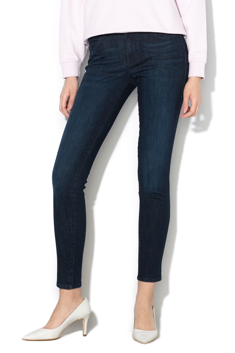 Wrangler, Blugi skinny elastici cu talie inalta, Bleumarin inchis