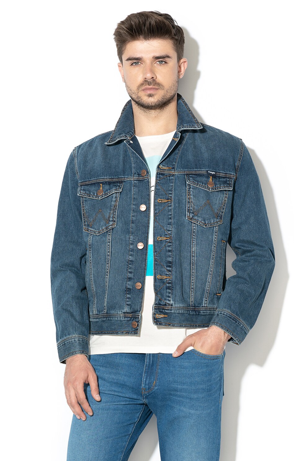 Wrangler, Jacheta clasica de denim, Albastru inchis
