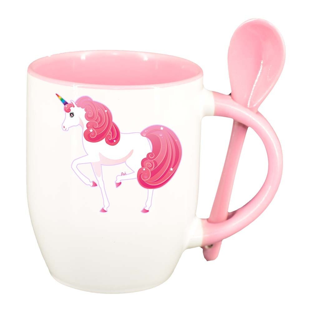 Cana Unicorn cu lingurita, interior roz, 330ml, D373