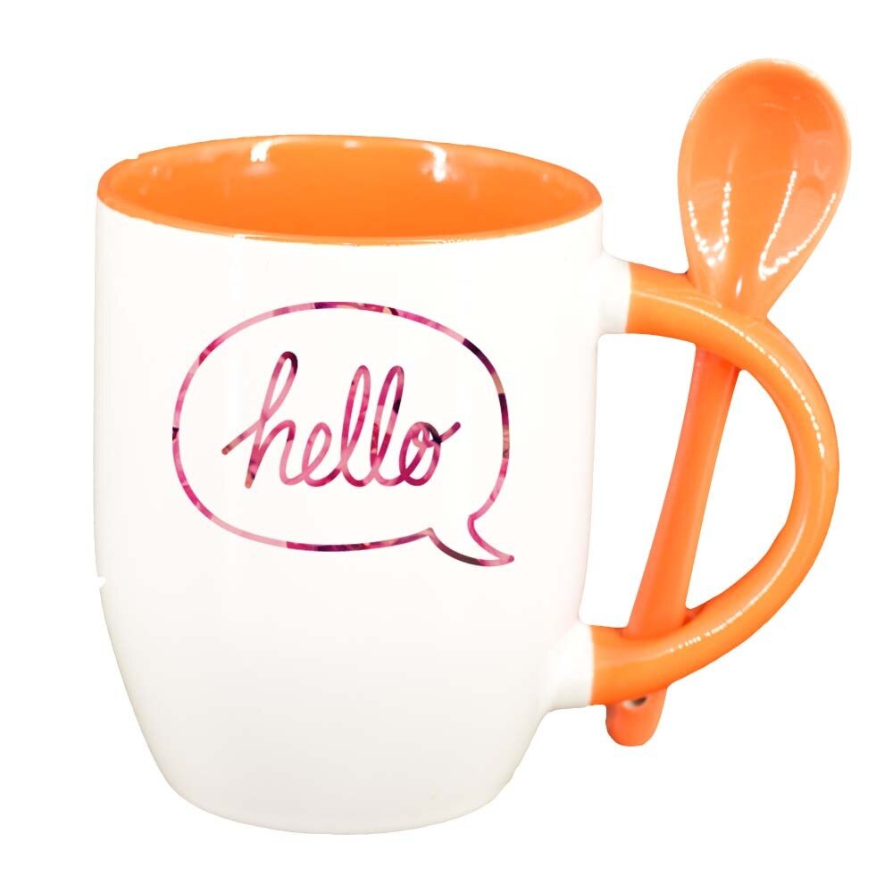 Cana Hello cu lingurita, interior portocaliu, 330ml, D390