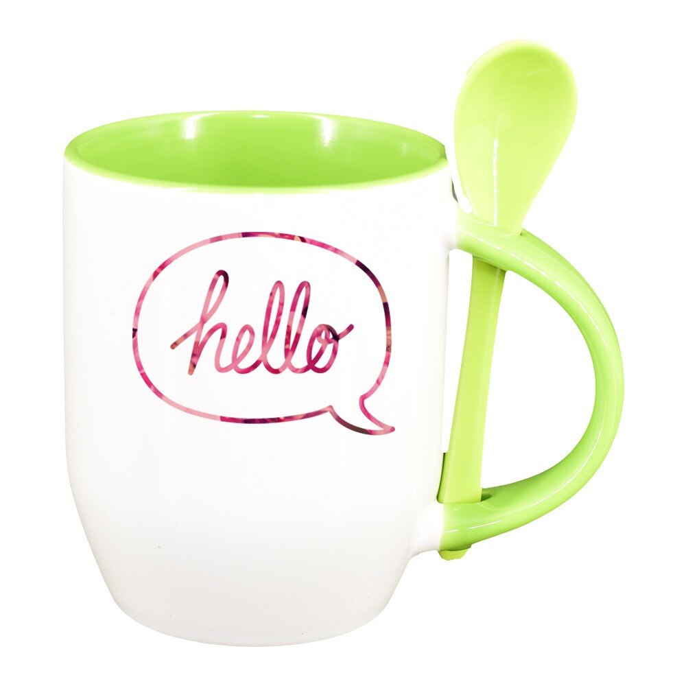 Cana Hello cu lingurita, interior verde deschis, 330ml, D390