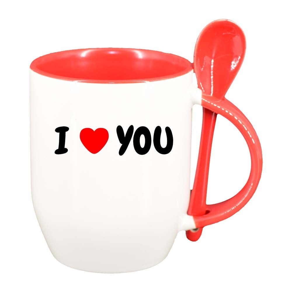 Cana Love cu lingurita, interior rosu, 330ml, D392