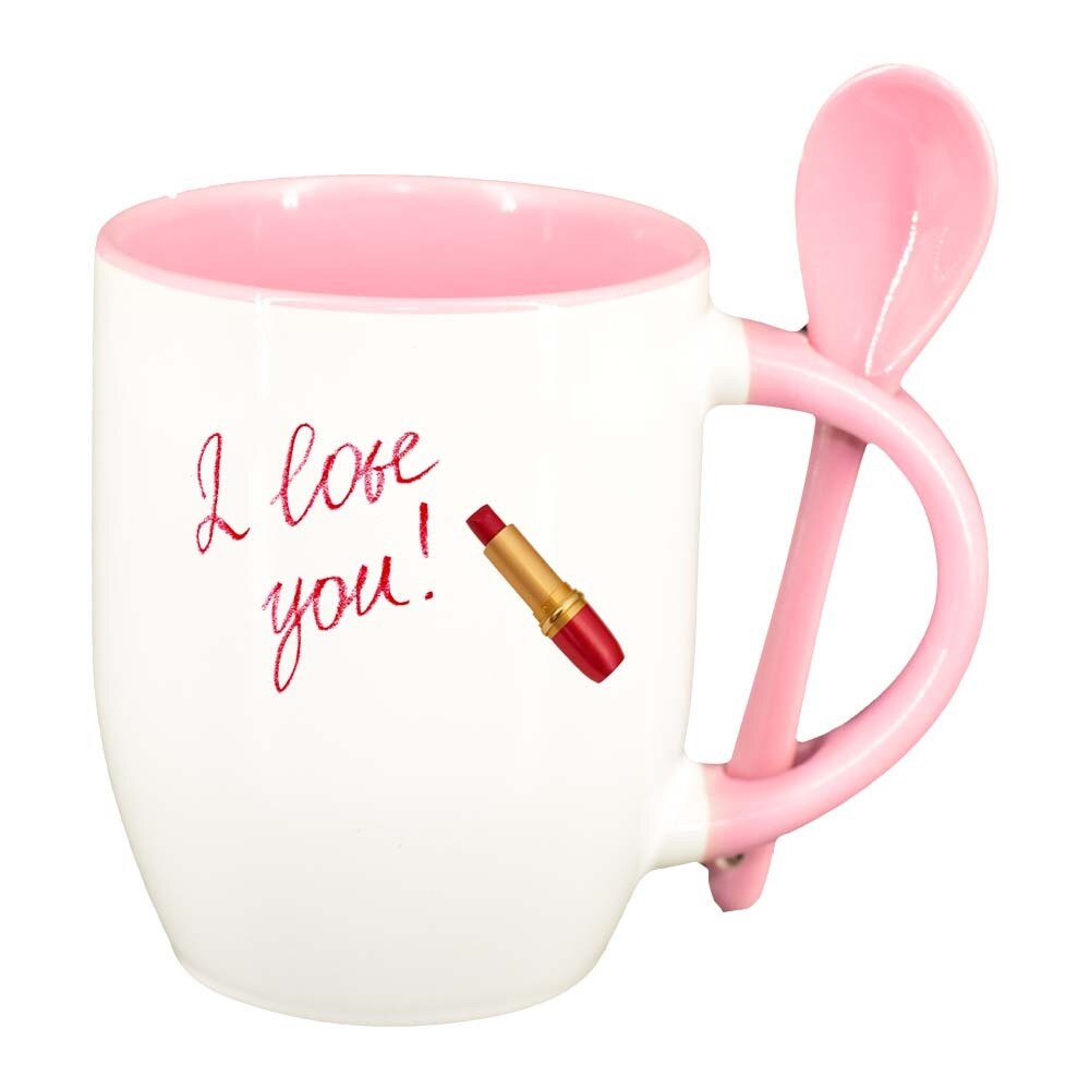 Cana Love cu lingurita, interior roz, 330ml, D394