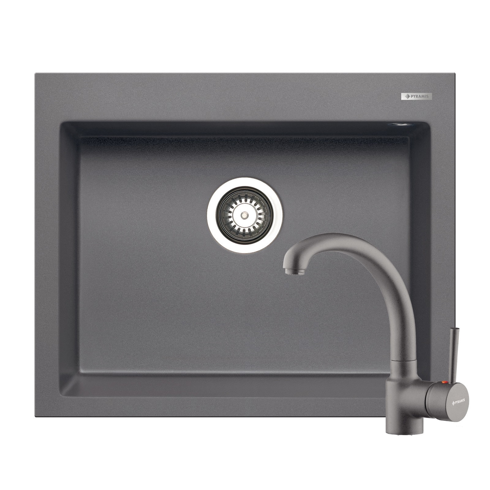 Set chiuveta Pyramis Istros + baterie Armonica, 1 cuva, 610x500mm, adancime cuva 200mm, pipa inalta, finisaj Pyragranite iron grey