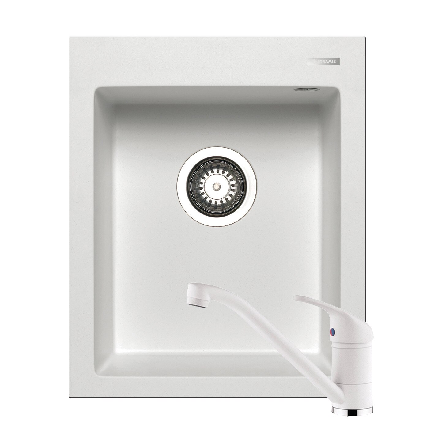 Set chiuveta Pyramis Istros + baterie Modo, 1 cuva, 410x500mm, adancime cuva 200mm, pipa lunga, finisaj Pyragranite snow