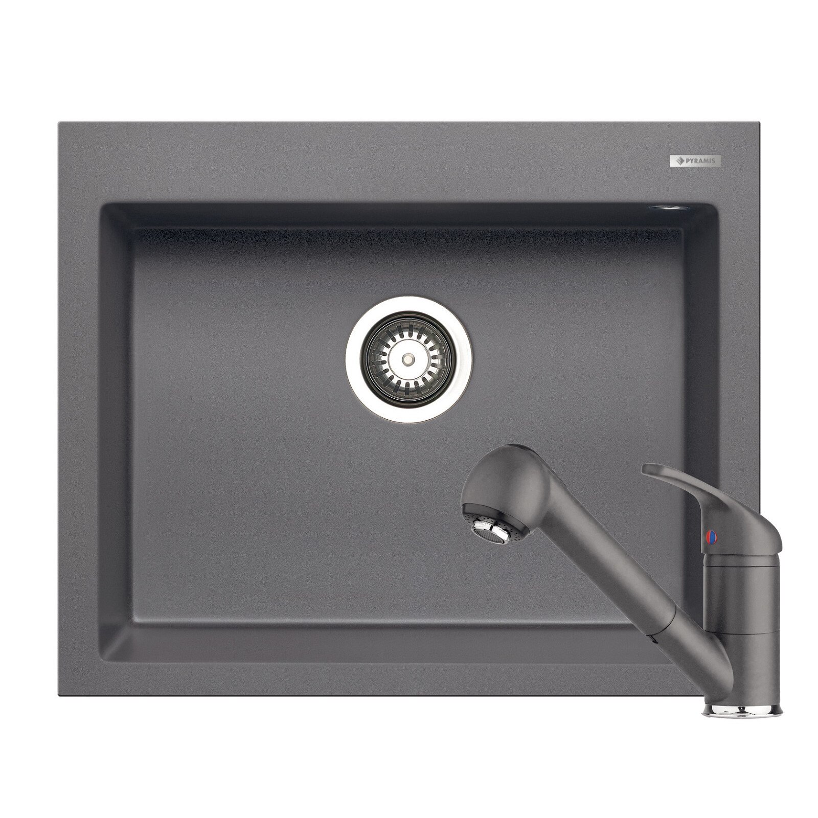 Set chiuveta Pyramis Istros + baterie Festivo, 1 cuva, 610x500mm, adancime cuva 200mm, cap extractabil si dus, finisaj Pyragranite iron grey