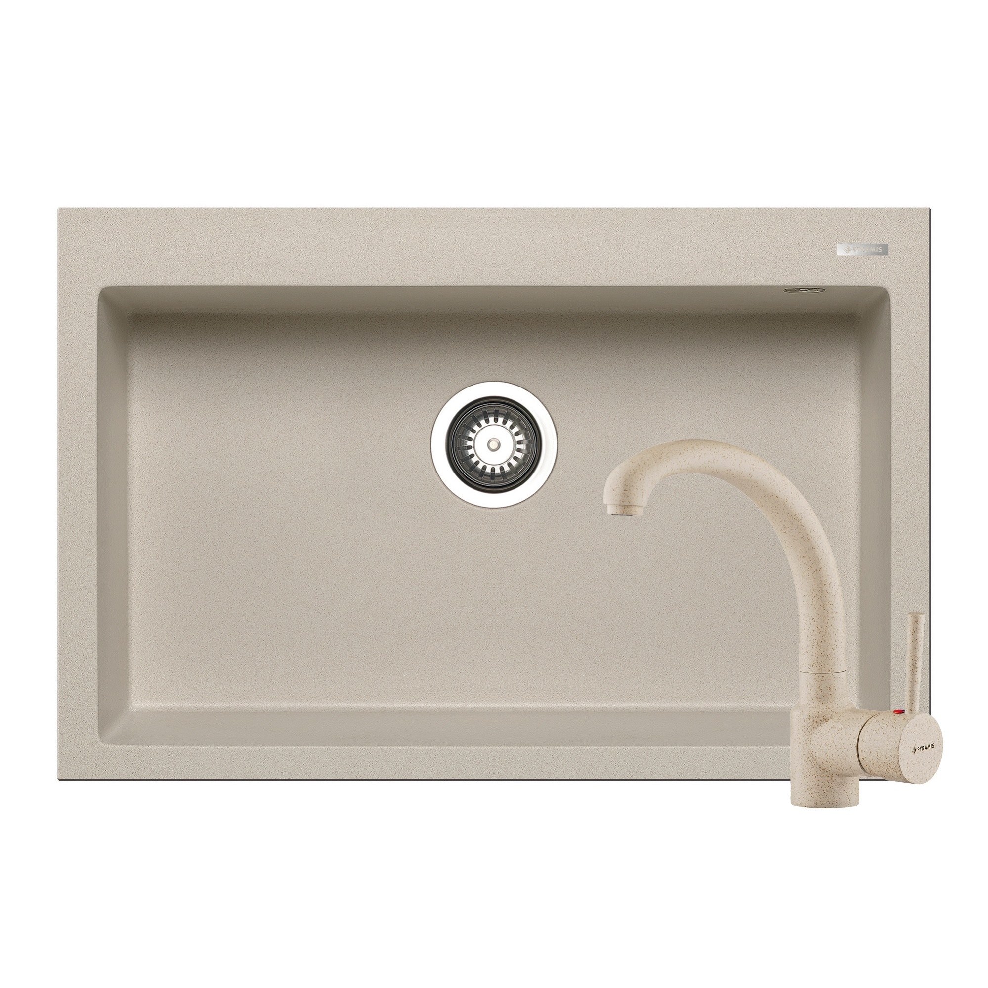Set chiuveta Pyramis Istros + baterie Armonica, 1 cuva, 760x500mm, adancime cuva 200mm, pipa inalta, finisaj Pyragranite beige