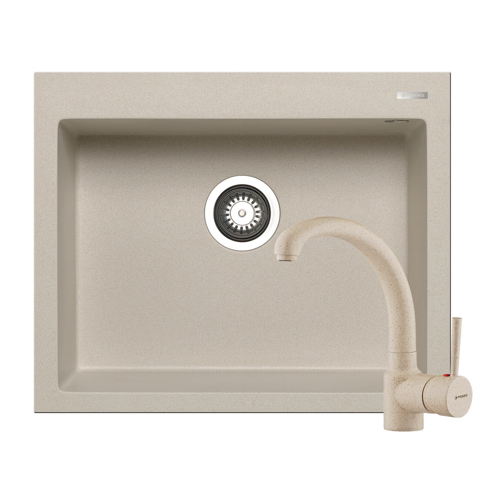 Set chiuveta Pyramis Istros + baterie Armonica, 1 cuva, 610x500mm, adancime cuva 200mm, pipa inalta, finisaj Pyragranite beige