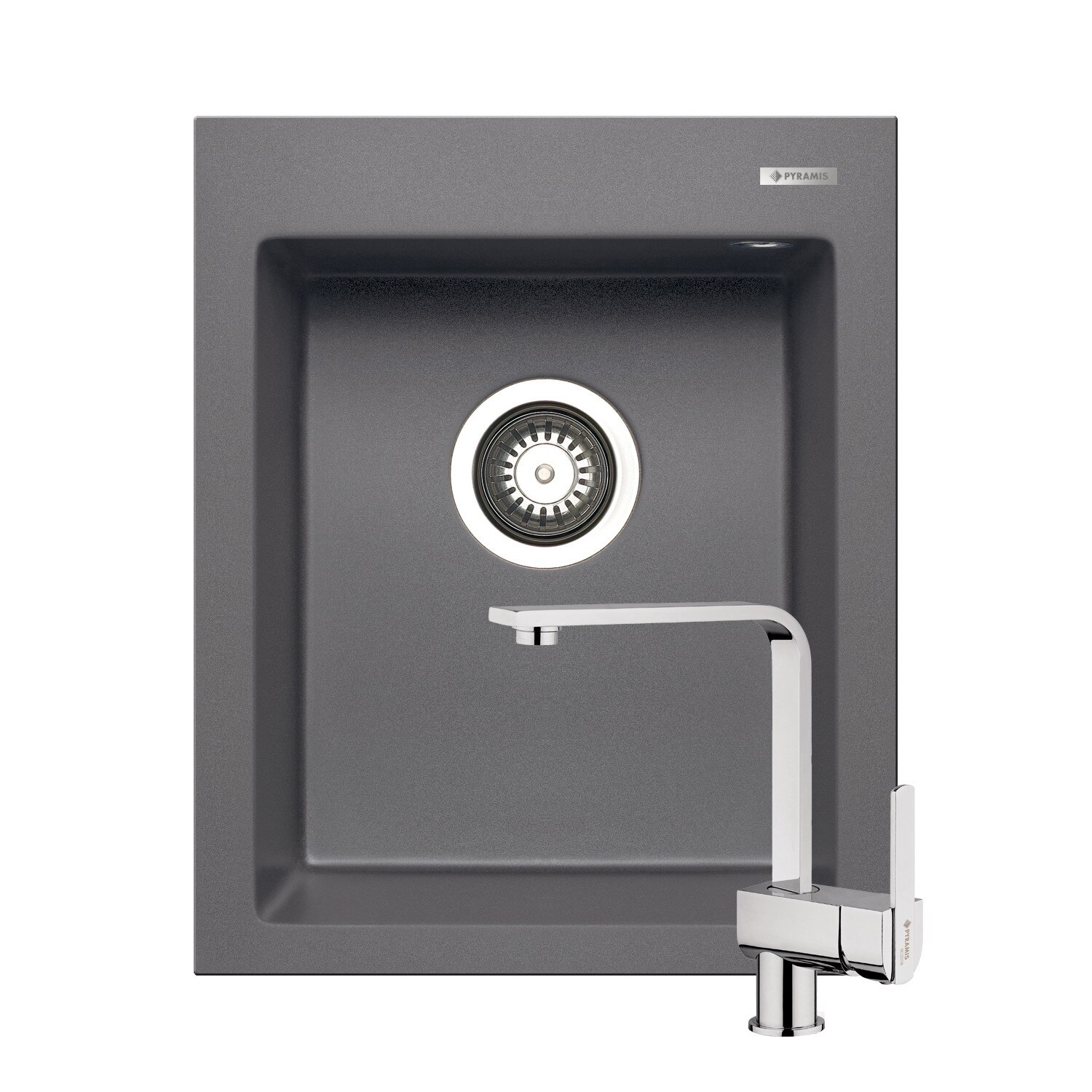 Set chiuveta Pyramis Istros + baterie Espressivo, 1 cuva, 410x500mm, adancime cuva 200mm, pipa dreapta, finisaj Pyragranite iron grey si metal cromat