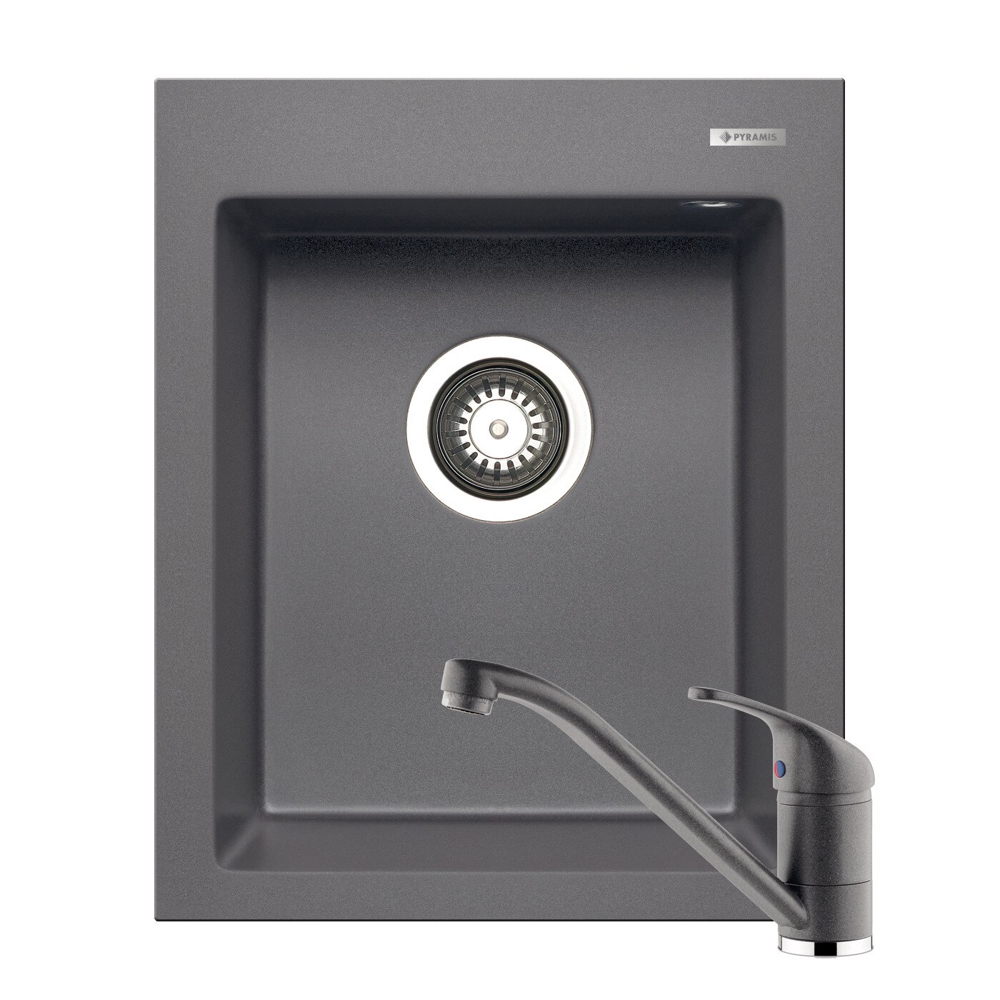 Set chiuveta Pyramis Istros + baterie Modo, 1 cuva, 410x500mm, adancime cuva 200mm, pipa lunga, finisaj Pyragranite iron grey