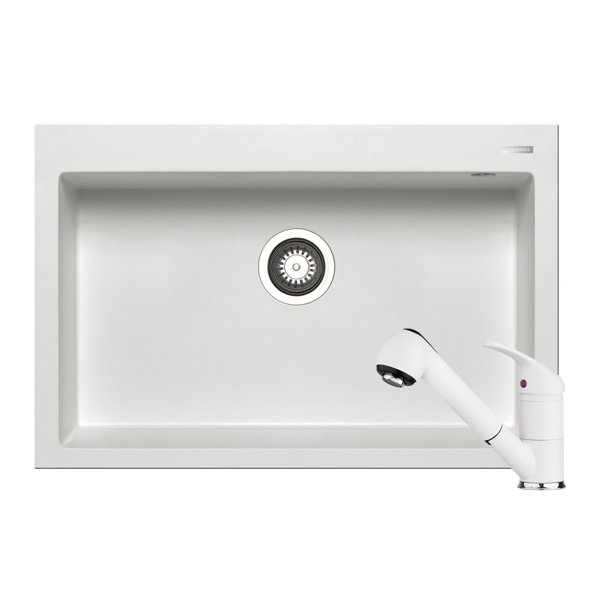 Set chiuveta Pyramis Istros + baterie Festivo, 1 cuva, 760x500mm, adancime cuva 200mm, cap extractabil si dus, finisaj Pyragranite snow
