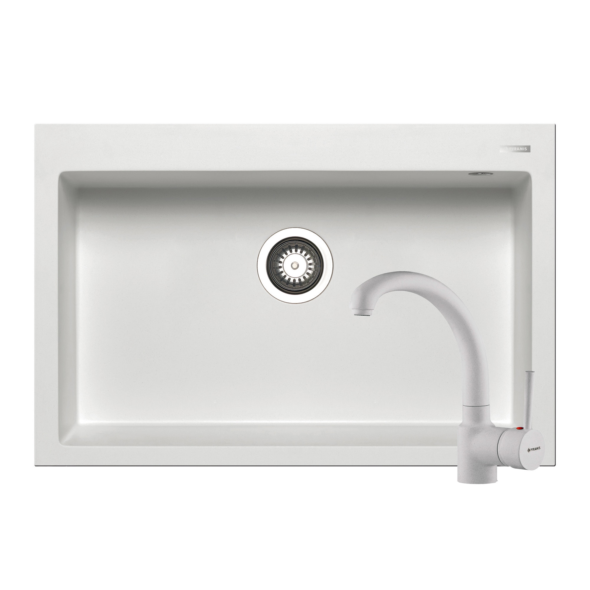 Set chiuveta Pyramis Istros + baterie Armonica, 1 cuva, 760x500mm, adancime cuva 200mm, pipa inalta, finisaj Pyragranite snow