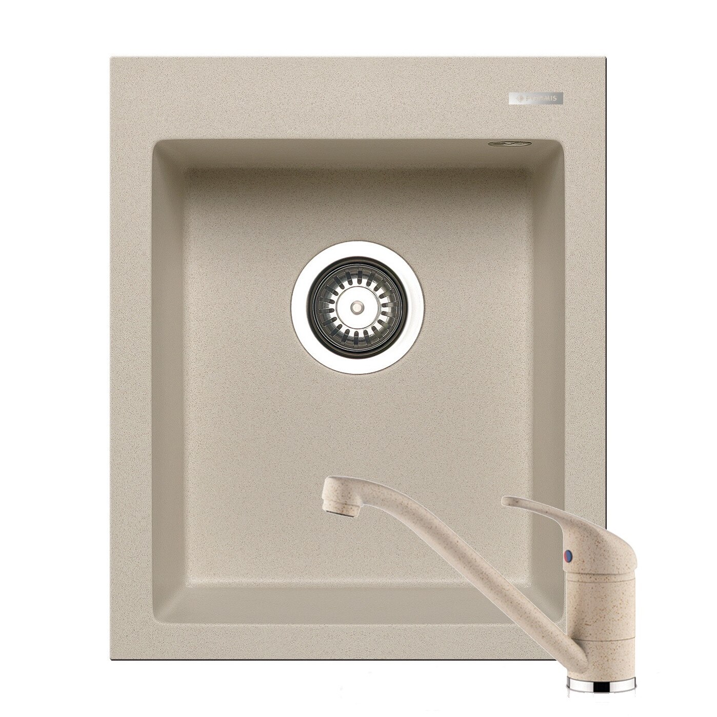 Set chiuveta Pyramis Istros + baterie Modo, 1 cuva, 410x500mm, adancime cuva 200mm, pipa lunga, finisaj Pyragranite beige