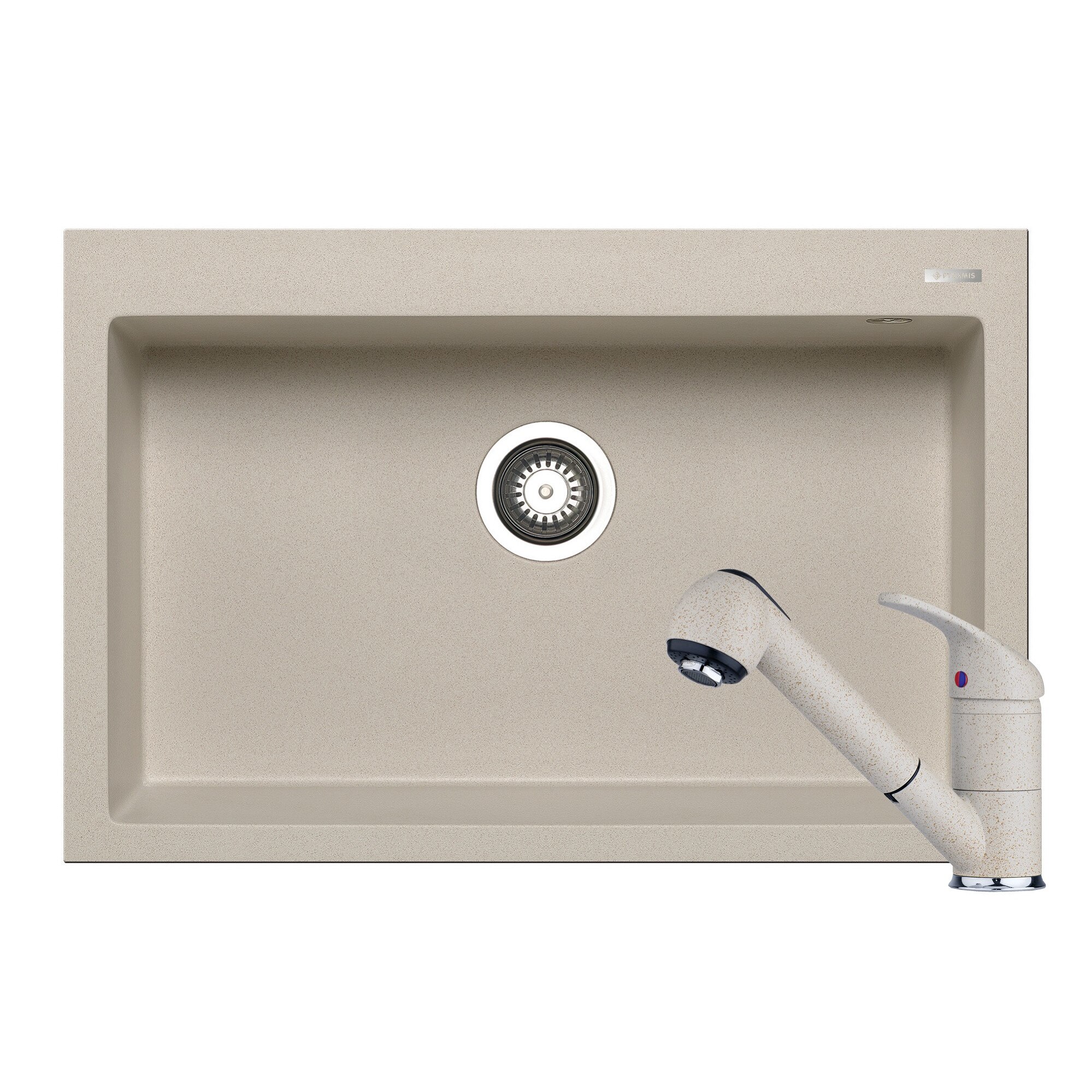 Set chiuveta Pyramis Istros + baterie Festivo, 1 cuva, 760x500mm, adancime cuva 200mm, cap extractabil si dus, finisaj Pyragranite beige