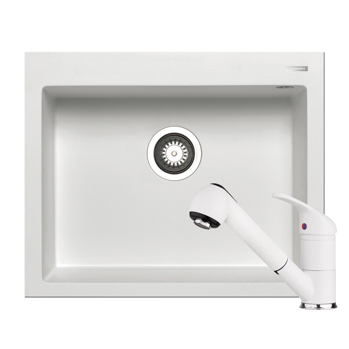 Set chiuveta Pyramis Istros + baterie Festivo, 1 cuva, 610x500mm, adancime cuva 200mm, cap extractabil si dus, finisaj Pyragranite snow