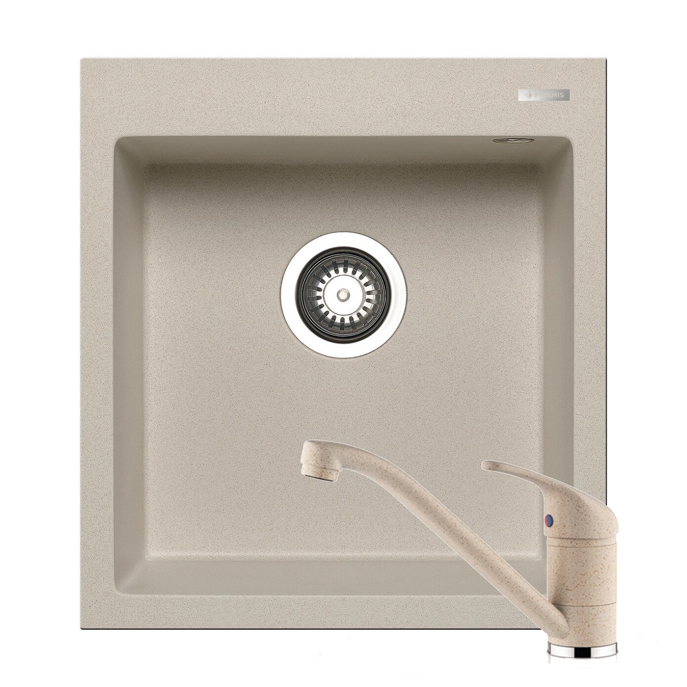 Set chiuveta Pyramis Istros + baterie Modo, 1 cuva, 460x500mm, adancime cuva 200mm, pipa lunga, finisaj Pyragranite beige