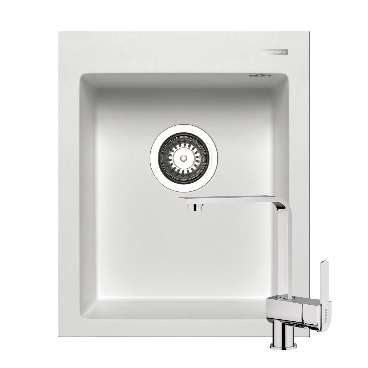 Set chiuveta Pyramis Istros + baterie Espressivo, 1 cuva, 410x500mm, adancime cuva 200mm, pipa dreapta, finisaj Pyragranite snow si metal cromat