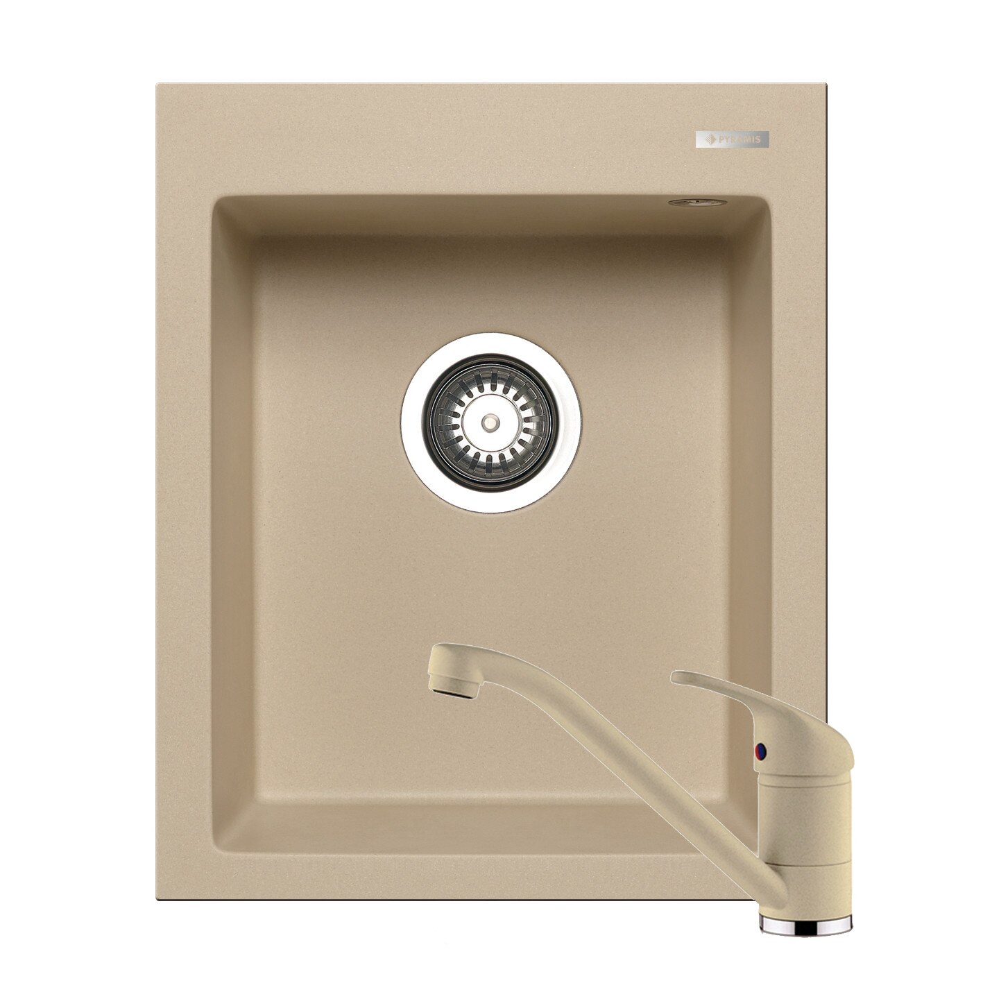 Set chiuveta Pyramis Istros + baterie Modo, 1 cuva, 410x500mm, adancime cuva 200mm, pipa lunga, finisaj Pyragranite mocha