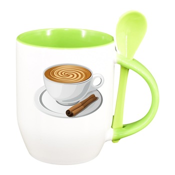 Cana Coffee cu lingurita, interior verde deschis, 330ml, D412 Cana Coffee cu lingurita, interior verde deschis, 330ml, D412