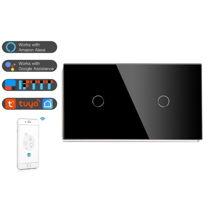 Intrerupator simplu + simplu cu touch din sticla WIFI&RF compatibil Google Home si Alexa Negru