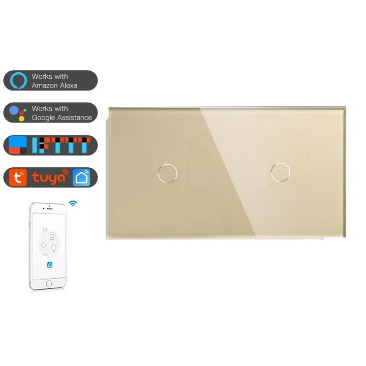 Intrerupator simplu + simplu cu touch din sticla WIFI&RF compatibil Google Home si Alexa Gold