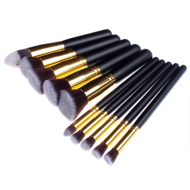 TimeTrade, Set pensule pentru machiaj, 10 articole, Par sintetic, Negru/Auriu