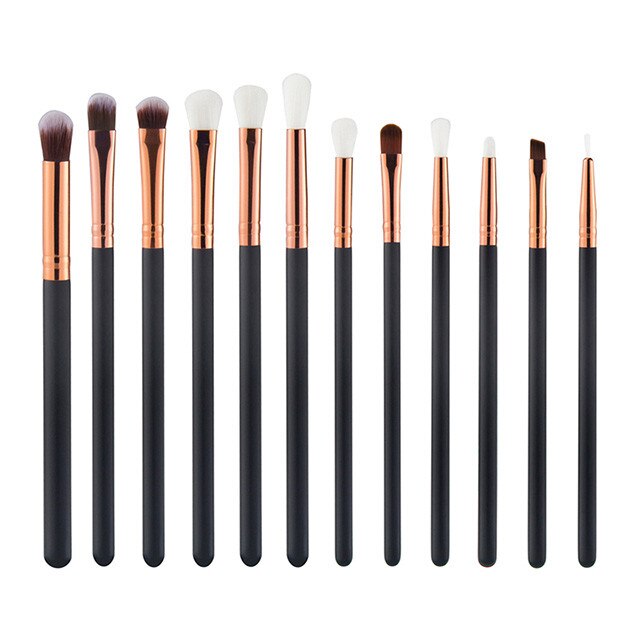 TimeTrade, Set pensule pentru machiajul ochilor, 12 articole, Par sintetic, Negru/Rose gold