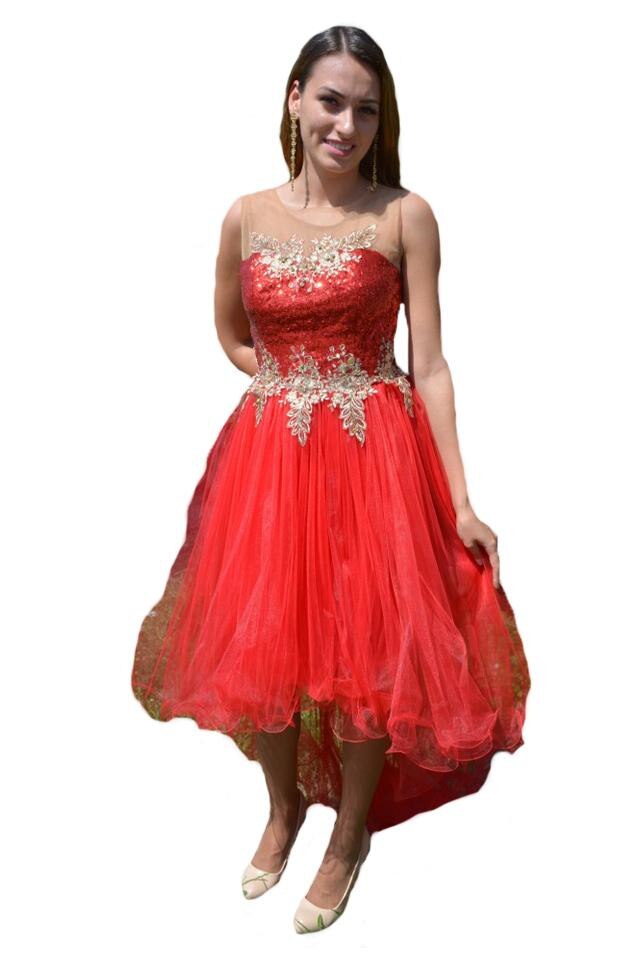 Rochie de seara cu croi asimetric,tul si broderie,D&J Exclusive, Rosu-Auriu