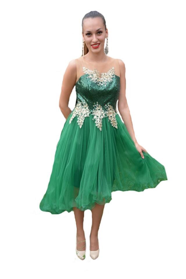 Rochie de seara cu croi asimetric,tul si broderie,D&J Exclusive, Verde
