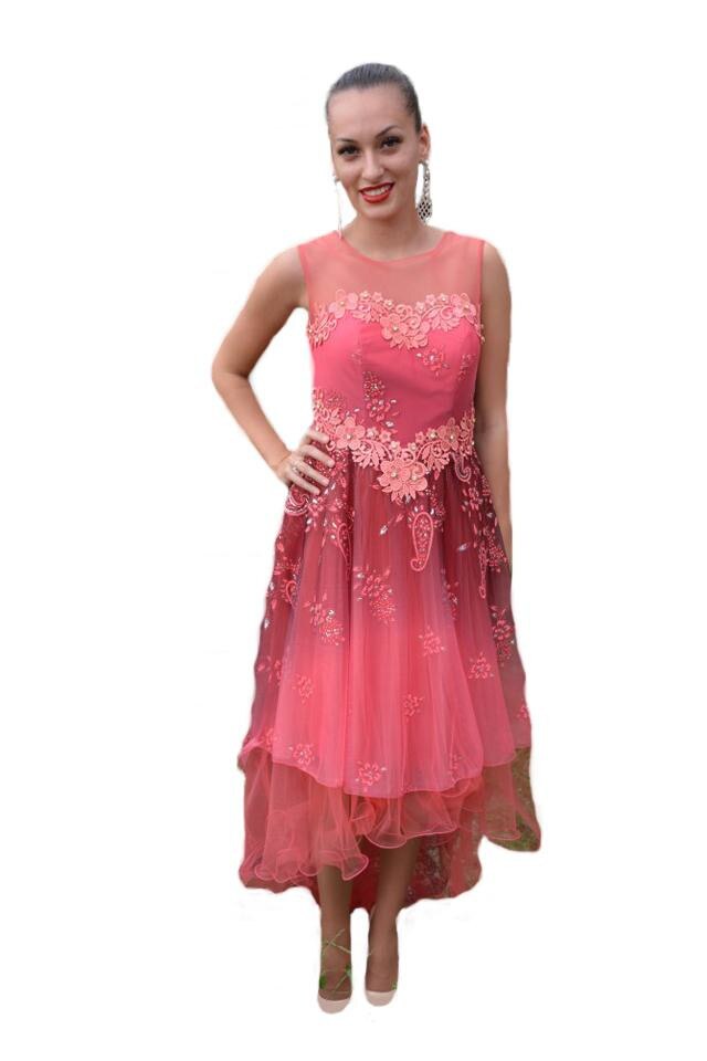 Rochie de gala din tul vaporos cu imprimeu floral, D&J Exclusive, Roz