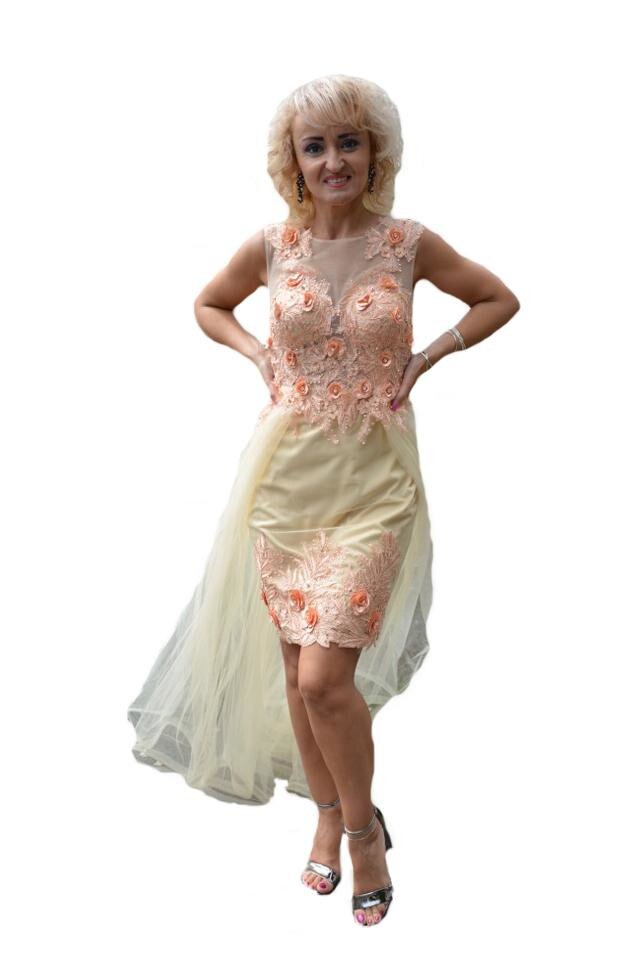 Rochie moderna de ocazie cu tul aplicat in talie, D&J Exclusive, Bej