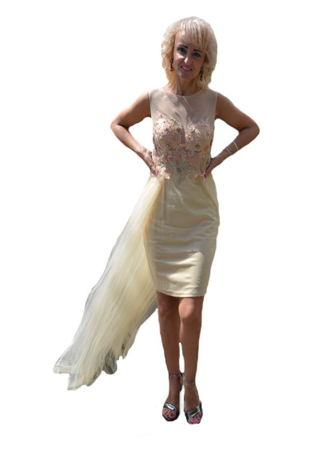 Rochie de ocazie,model scurt cu tul lung aplicat din talie,D&J Exclusive, Bej