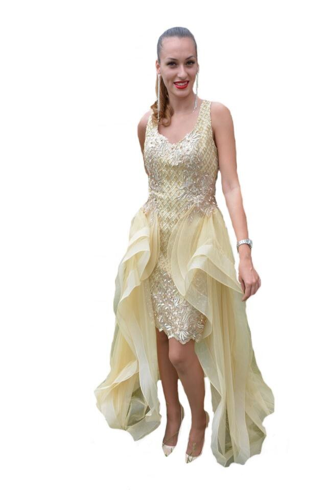 Rochie scurta cu croi asimetric cu aplicatii florale aurie, D&J Exclusive, Auriu