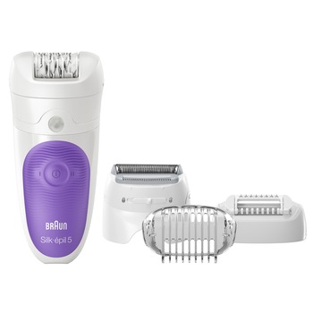 Epilator Braun Silk-épil 5541 Wet&Dry, 28 pensete, Acumulator, Sistem de masaj, 4 accesorii, Mov/Alb Epilator Braun Silk-épil 5541 Wet&Dry, 28 pensete, Acumulator, Sistem de masaj, 4 accesorii, Mov/Alb
