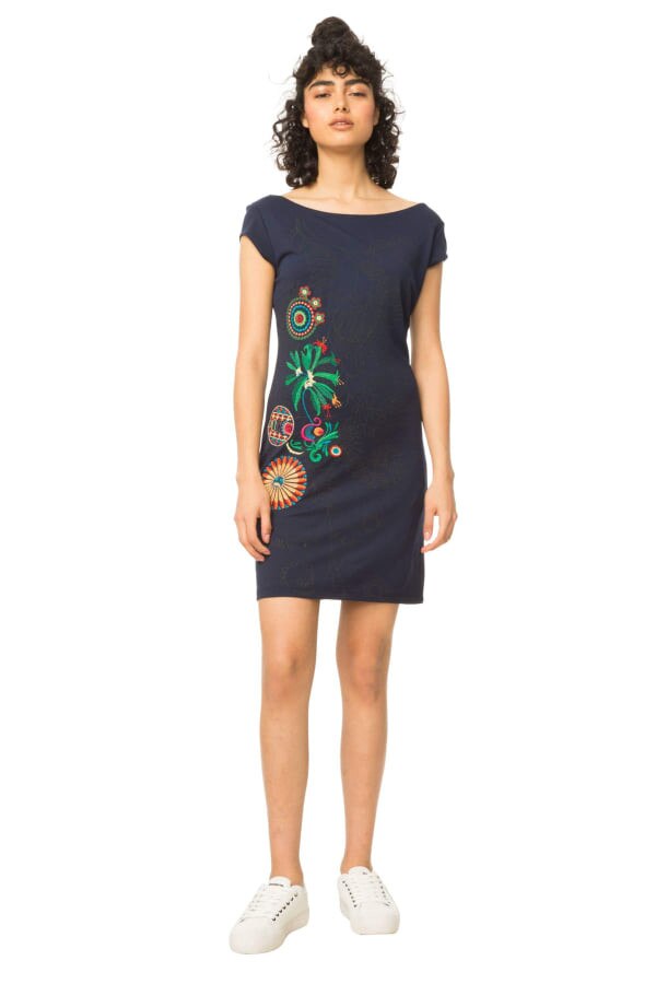 Rochie dama, Desigual, cu imprimeu floral, Erika, Albastru marin, S