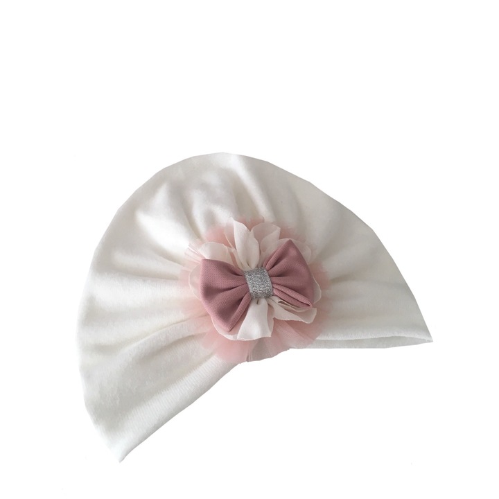 Fehér turbán poros rózsaszín virággal, elegáns keresztelő alkalom, Fehér